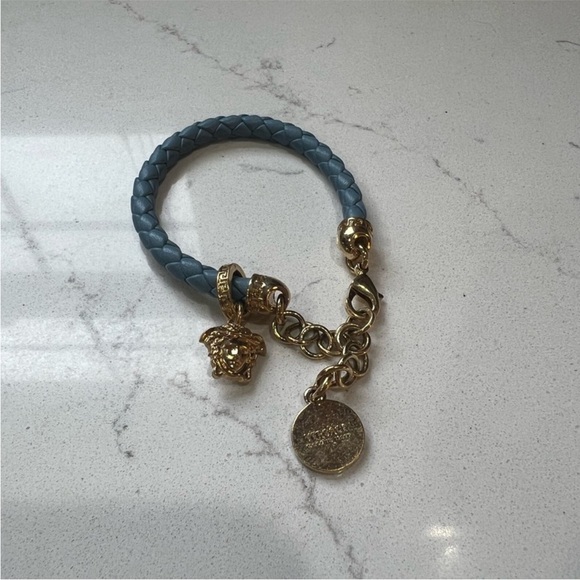 Versace Gold and Blue Braided Leather Bracelet with Charms